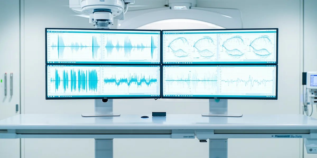 Medical physicist analyzing radiation treatment plan dosimetric data on dual monitors